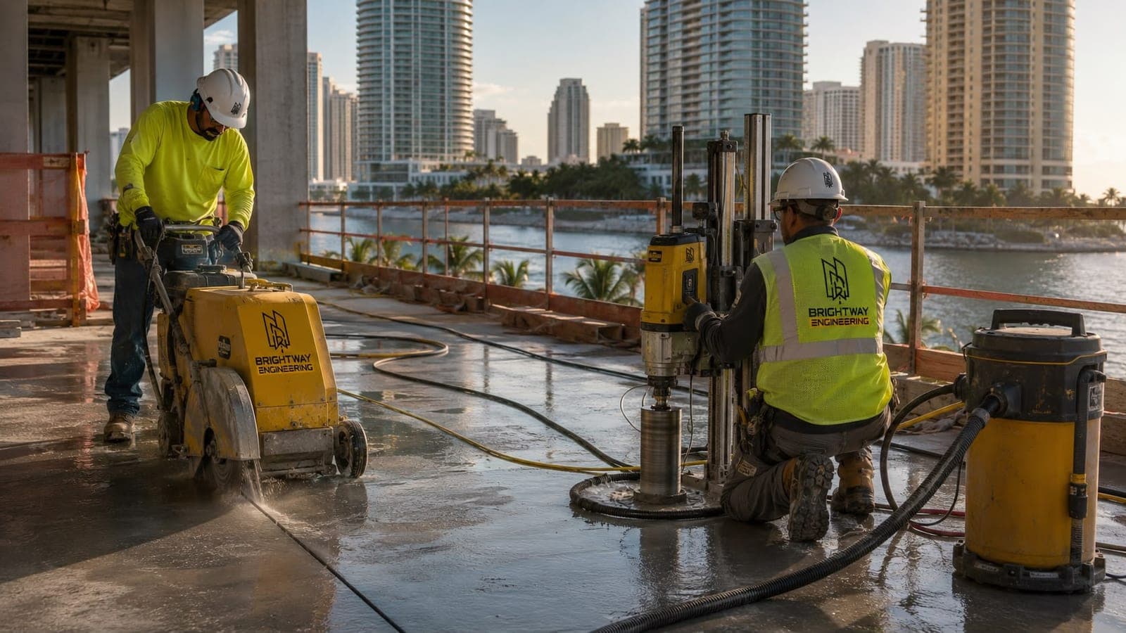 Brightway crew slab sawing and core drilling at 500 Brickell Key, Miami skyline in the background