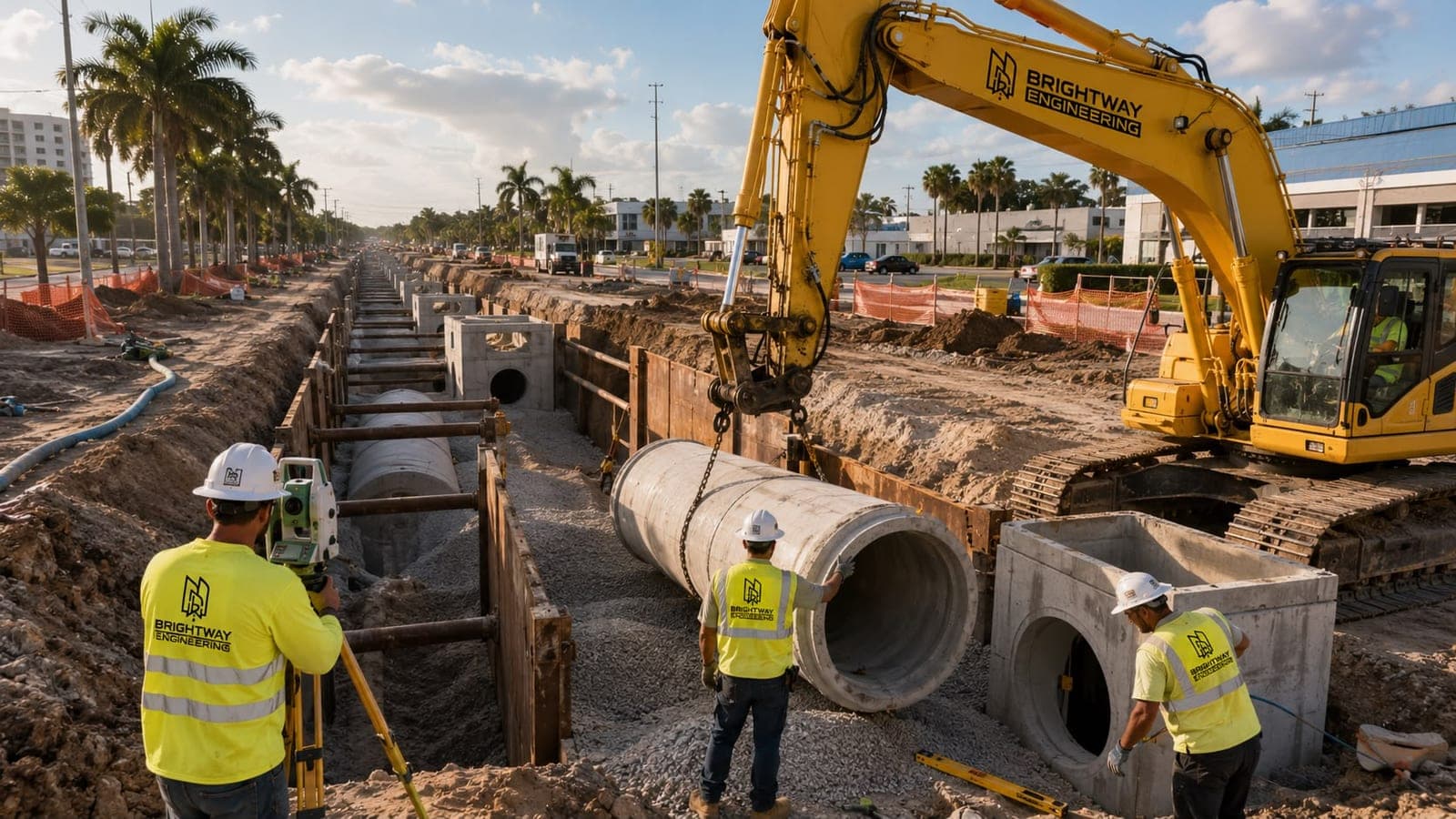 Brightway crew installing drainage structures and pipe along an extensive open trench in Miami-Dade